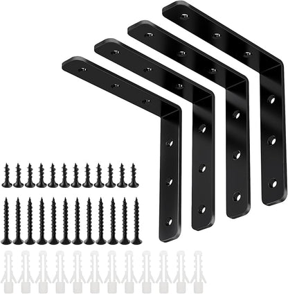 YUMORE L Bracket, 4x4 Inch Max Load: 25lb/12kg Heavy Duty Stainless Steel Solid Shelf Support Corner Brace Joint Right Angle Bracket, Pack of 4, Black
