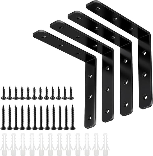 YUMORE L Bracket, 4x4 Inch Max Load: 25lb/12kg Heavy Duty Stainless Steel Solid Shelf Support Corner Brace Joint Right Angle Bracket, Pack of 4, Black