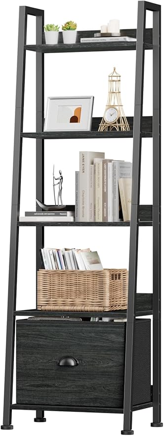 Furologee Ladder Shelf, Ladder Bookshelf with Drawer, Industrial 5 Tier Book Shelf, Display Open Bookcase Storage Shelves for Books, CDs, Photos, Black Shelving Unit for Home Office, Living Room