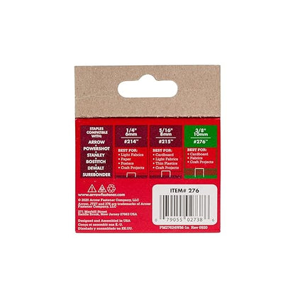 Arrow 276 JT21 Thin Wire Staples for Staple Guns and Staplers, Use for Upholstery, Crafts, General Repairs, 3/8-Inch Leg Length, 7/16-Inch Crown Width, 1000-Pack