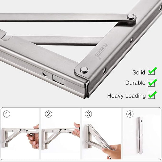 YUMORE Folding Shelf Bracket 14",Heavy Duty Stainless Steel Collapsible Shelf-Bracket Max Load 330lbs Wall Mounted Table Support Hinge for Space-Saving DIY Work Bench with Install Screws, Pack of 2