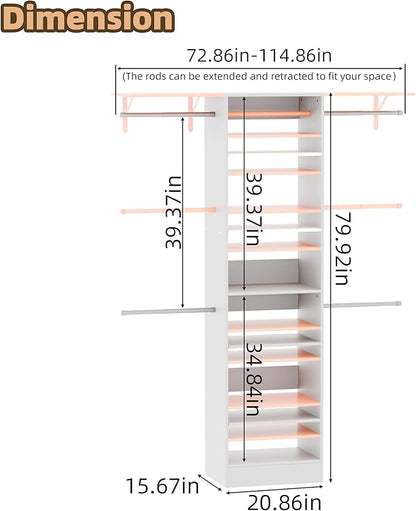 Closet System, 4Ft-9Ft Closet Organizer System With Adjustable Shelves, Walk-In Closet Storage System With 5 Expandable Hanging Rods, Adjustable Cloth Garment Rack from 4 to 9FT, White