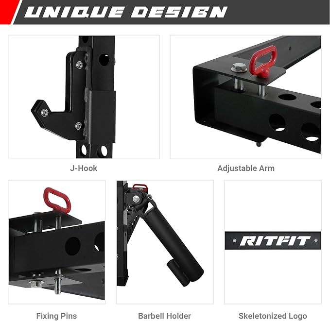 RitFit 2.36'' x 2.36'' Folding Squat Rack for Home Gym, Wall Mounted Squat Rack with Attachments - Space Saving Squat Power Rack