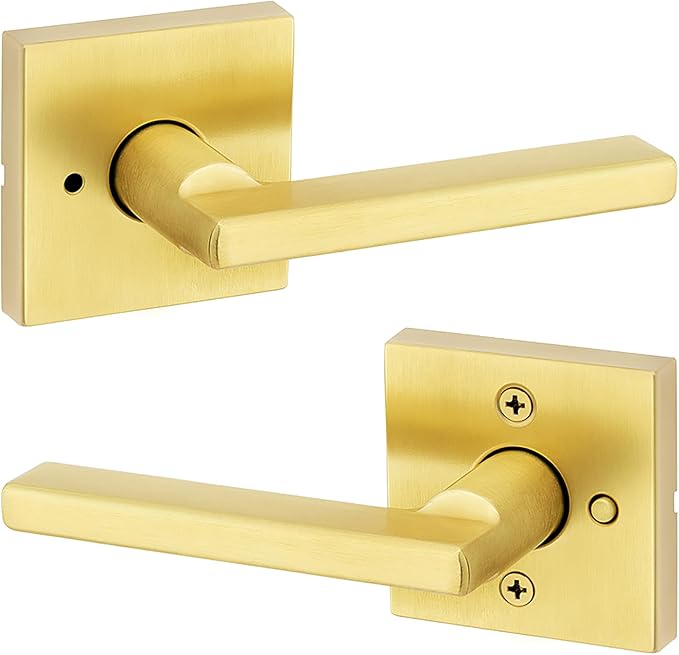 Kwikset Halifax Interior Privacy Door Handle with Lock, Door Lever for Bathroom and Bedroom, Satin Brass Reversible Keyless Push Button Lock Door Lever, with Microban Protection