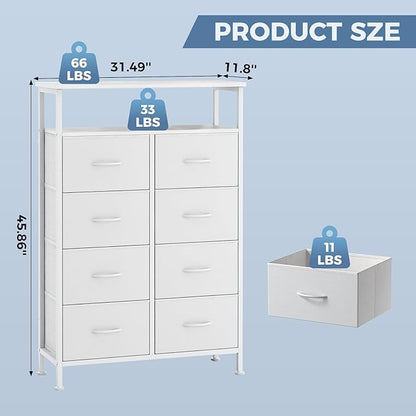 DUMOS TV Stands for Living Room with 8 Drawers, Tall 8-Drawer Chest of Drawers with Raised Shelf, Storage Tower with Fabric Bins for Organization, Hallway Storage, White
