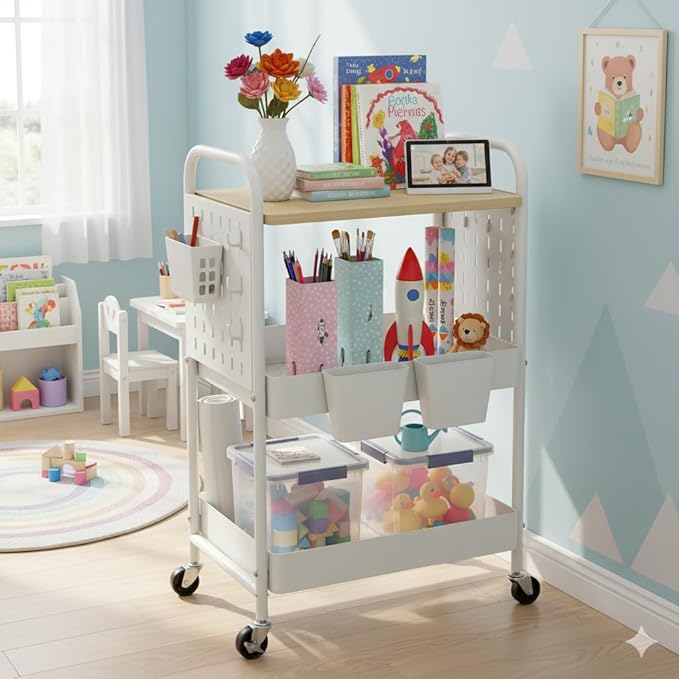 danpinera 3 Tier Rolling Cart with Wooden Table Top, White Rolling Utility Cart with DIY Pegboards & Locked Wheels, Easy Assembly for Nursery, Living Room, Studio