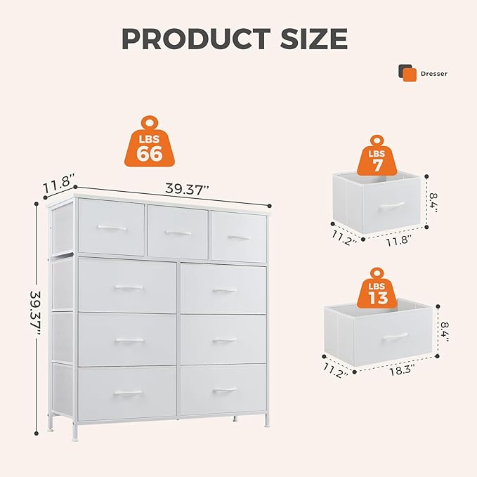 Sweetcrispy 9 Drawer Fabric Dresser Tall Chest Storage Organizer Tower with Cabinet Metal Frame and Wood Top Lightweight Closet Furniture for Bedroom,Cream White