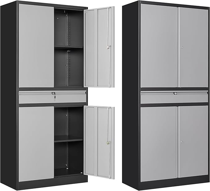 Metal Garage Storage Cabinet, 71" Lockable Storage Cabinet with 2 Adjustable Shelves and 1 Drawer for Garage, Utility Room, Warehouse (Black Grey)