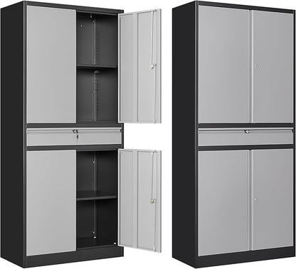 Metal Garage Storage Cabinet, 71" Lockable Storage Cabinet with 2 Adjustable Shelves and 1 Drawer for Garage, Utility Room, Warehouse (Black Grey)