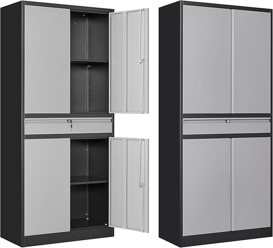 Metal Garage Storage Cabinet, 71" Lockable Storage Cabinet with 2 Adjustable Shelves and 1 Drawer for Garage, Utility Room, Warehouse (Black Grey)