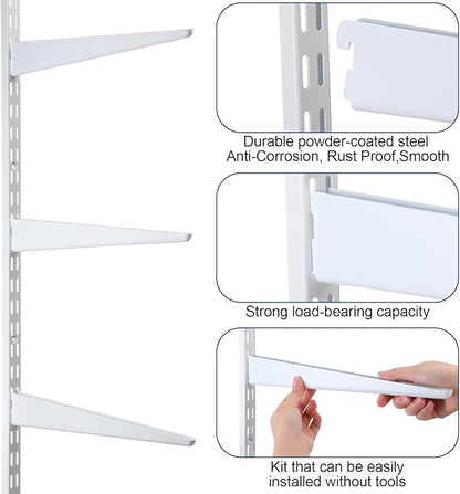 2 Pcs Twin Rail Upright Wall Shelving System 47.5 Inch with 6 Pcs Shelf Bracket 14.5 Inch Heavy Duty Adjustable Storage Rack Metal Support System for Kitchen Closet Home Indoor (White)