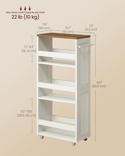 VASAGLE 4-Tier Slide-Out Storage Cart, Slim Kitchen Cart for Small Spaces, with Wheels, Handle, Bathroom, Laundry Room, 7.9 x 17 x 34.1 Inches, Rustic White and Honey Brown ULRC051K01