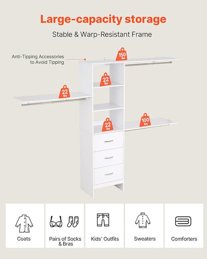 VEVOR Closet System with 3 Drawers, Adjustable Height Wooden Closet Organizers, Modern Walk-in Wardrobe Organization with 3 Retractable Clothes Hanger Rods, Freestanding Garment Rack Storage, White