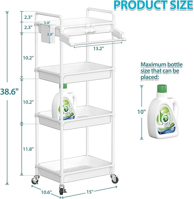 SPACEKEEPER Rolling Storage Cart, 4-Tier Bathroom Organizer Utility Cart Laundry Room Organization Mobile Shelving Unit with Towel Rack, Lockable Wheel, Hooks & Cup for Kitchen Bedroom Office, White
