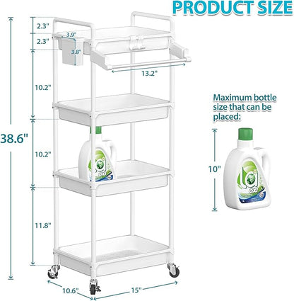 SPACEKEEPER Rolling Storage Cart, 4-Tier Bathroom Organizer Utility Cart Laundry Room Organization Mobile Shelving Unit with Towel Rack, Lockable Wheel, Hooks & Cup for Kitchen Bedroom Office, White
