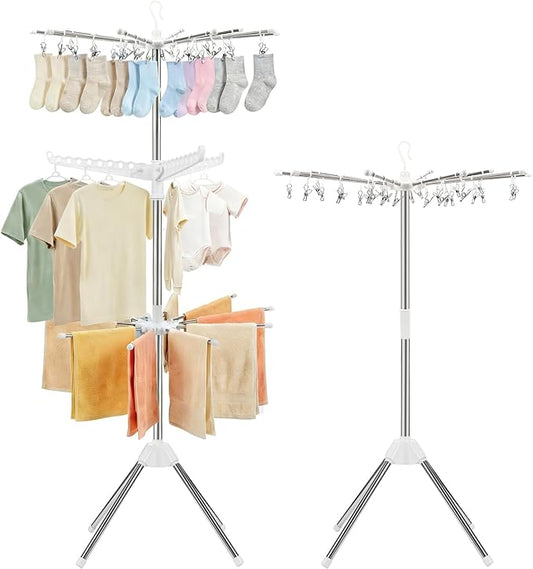 Foldable Clothes Drying Rack - 3 Tier Laundry Drying Rack, Portable Clothing rack with Rotating Clothes Rail with 30 Clips,10 towel sticks and 3 Rotatable Arms, Suitable for Flats and Small Rooms