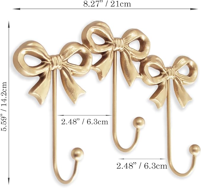 Small Bow Wall Hook,Gold Wall Mounted Functional Hooks,Antique Gold Cast Iron Hook for Coats,Bags, Bath Towels,Room Decorations,Girls Room,Bathroom,Office(Three-Bows Hooks:8.27x5.59 inches)