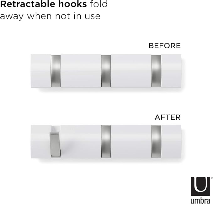 Umbra Flip Wall-Mounted Coat Rack with 3 Hooks – Modern, Space-Saving Storage for Hats, Jackets, Bags, Entryway, Mudroom, Closet, Bathroom, Bedroom – White/Nickel