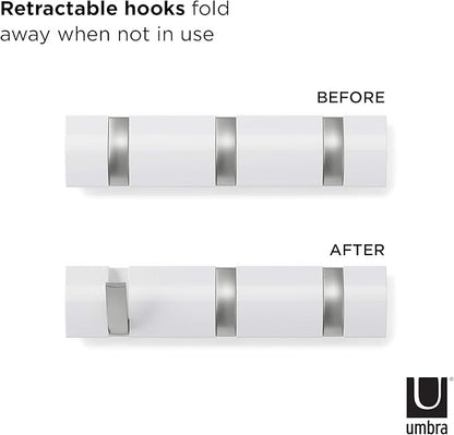 Umbra Flip Wall-Mounted Coat Rack with 3 Hooks – Modern, Space-Saving Storage for Hats, Jackets, Bags, Entryway, Mudroom, Closet, Bathroom, Bedroom – White/Nickel