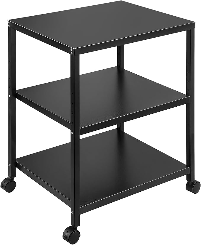 3-Tier Under Desk Printer Stand, 30-Inch Deep Large Printer Table with Height-Adjustable Shelf & 4 Lockable Wheels, Space-Saving Organizer for Home & Office