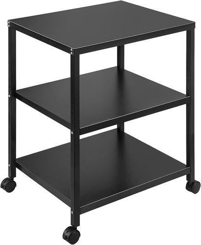 3-Tier Under Desk Printer Stand, 30-Inch Deep Large Printer Table with Height-Adjustable Shelf & 4 Lockable Wheels, Space-Saving Organizer for Home & Office