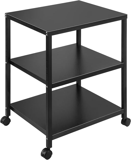 3-Tier Under Desk Printer Stand, 30-Inch Deep Large Printer Table with Height-Adjustable Shelf & 4 Lockable Wheels, Space-Saving Organizer for Home & Office