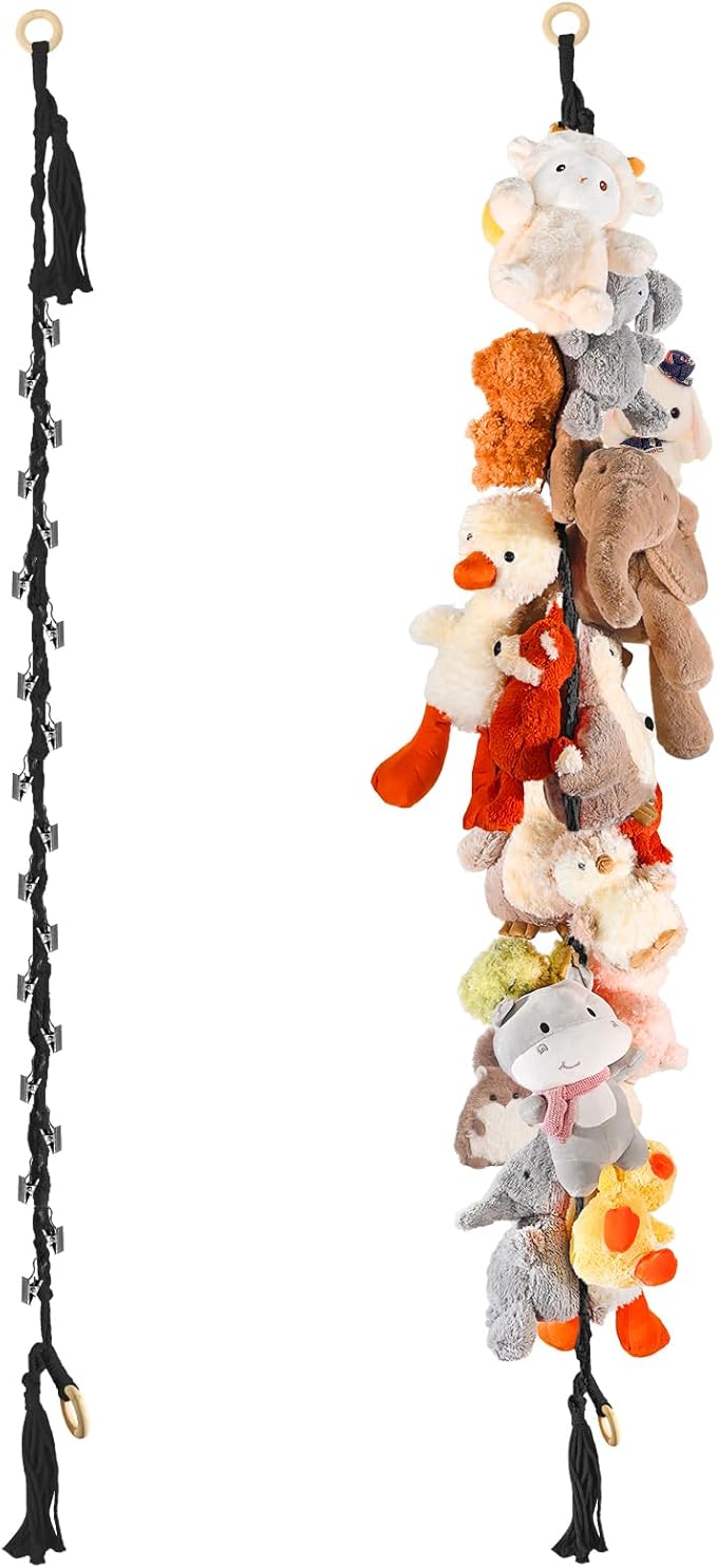 1/2 pcs 80" Cotton Hanging Storage Chain For Stuffed Animals Storage with 20 Metal Clips, Stuffed Animal Organizer Chain for Wall Corner Nursery Play Room, Black