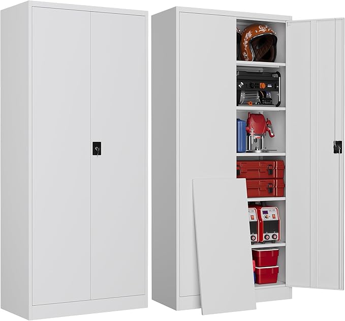 Metal Garage Storage Cabinets with Lock, 71" Tall Tool Cabinet with 2 Door and 5 Adjustable Shelves, Locking Garage Cabinets and Lockable Steel Locker for Home Office Warehouse - (White-71”H)