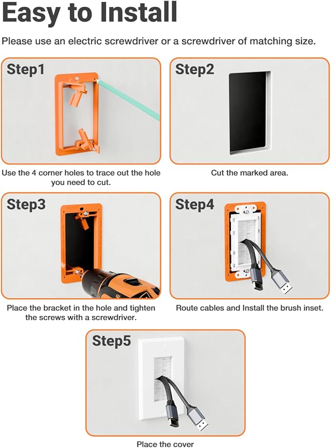 Brush Wall Plate with Mounting Bracket, 4 Pack Cable Pass Through Decorator Cover for Low Voltage Wires, Single Gang Cord Hider for TV Home Theater System, Orange