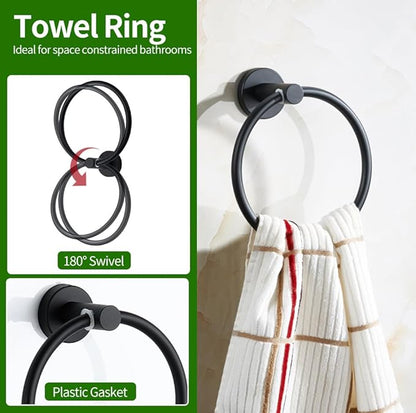 10pcs Matte Black Bathroom Hardware Set, Including 2pcs 24in Retractable Hand Single Towel Bar with 2pcs Toilet Paper Holders, 2pcs Towel Rings 4pcs Multifunctional Robe Hooks