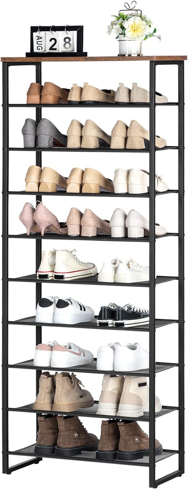 HOOBRO 10-Tier Shoe Rack, 23.6" L Shoe Storage Organizer, Large Capacity Shoe Shelf for Front Door Entrance, Entryway, Hallway, Holds 27-30 Pairs of Shoes, Closet, Rustic Brown BF601XJ01