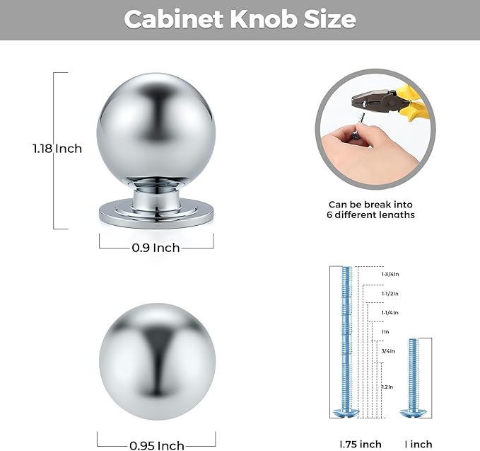 2 Pack Polished Chrome Cabinet Knobs, Round Dresser Knobs, Ball Kitchen Cabinet Hardware, 0.95" Diameter