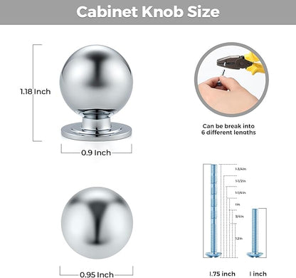 2 Pack Polished Chrome Cabinet Knobs, Round Dresser Knobs, Ball Kitchen Cabinet Hardware, 0.95" Diameter