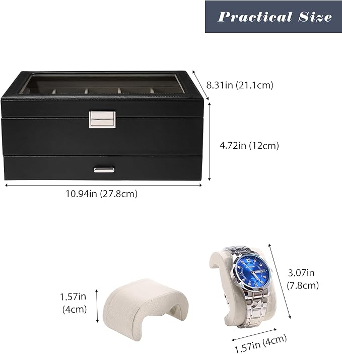 ProCase Watch Box, 10 Slot Watches Display Case with Drawer, Mens Watch Case with Glass Lid, 2-Layer Mens Jewelry Organizer Storage Holder, Birthday Valentine Gifts for Men -10 Slot, Black