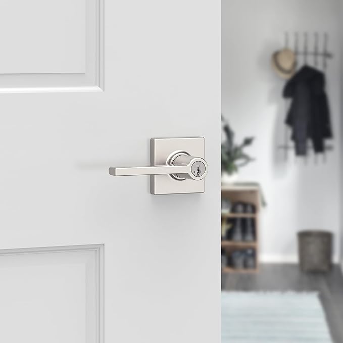 Kwikset Casey Entry Door Handle with Lock and Key, Secure Keyed Reversible Lever Exterior, for Front Entrance and Bedrooms, Satin Nickel, 10 Pack, Pick Resistant SmartKey Rekey Security and Microban