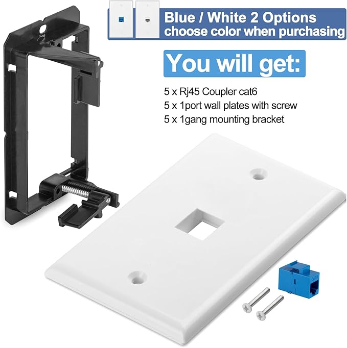 5 Pack Ethernet Wall Outlet Cat6 Plate RJ45 Coupler Keystone Jack Female to Female Gifts Network Blue 1 Port Inline Connector with Low Voltage Mounting Bracket Internet Interconnect Panels Cable