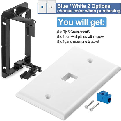 5 Pack Ethernet Wall Outlet Cat6 Plate RJ45 Coupler Keystone Jack Female to Female Gifts Network Blue 1 Port Inline Connector with Low Voltage Mounting Bracket Internet Interconnect Panels Cable