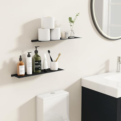 MKO 16" Floating Shelves for Wall, Long Metal Wall Mounted Shelf for Bathroom, Bedroom, Living Room, Kitchen, Display Hanging Shelves for Books/Storage/Room Decor 2 Packs, Black