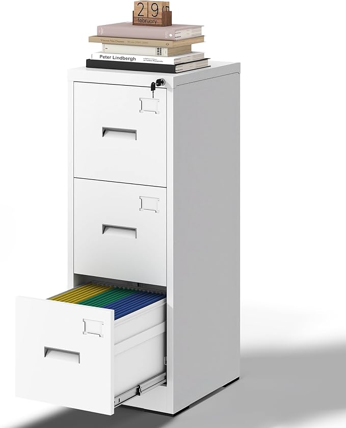 3 Drawer File Cabinet, Vertical File Cabinets with Lock for Home Office,Heavy Duty Office Steel Filing Cabinet for Hanging Letters/Legal/A4, Assembly Required (White)