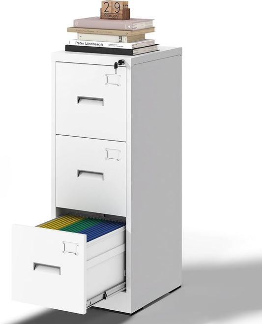 3 Drawer File Cabinet, Vertical File Cabinets with Lock for Home Office,Heavy Duty Office Steel Filing Cabinet for Hanging Letters/Legal/A4, Assembly Required (White)