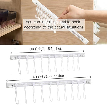 Utility Slide Rail Hook,Under Cabinet Kitchen No Punching Hooks for Hanging Utensil,Bathroom Bedroom Office Wall Door Rack with 10 Hooks,15.7 and 11.8 Inches,2Pieces