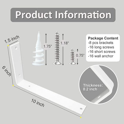 Shelf Brackets 10 Inch Wall L Brackets 8PCS Heavy Duty for Shelves Metal White Rustic Industrial Brackets for DIY Opening Shelves Project Hardware Included