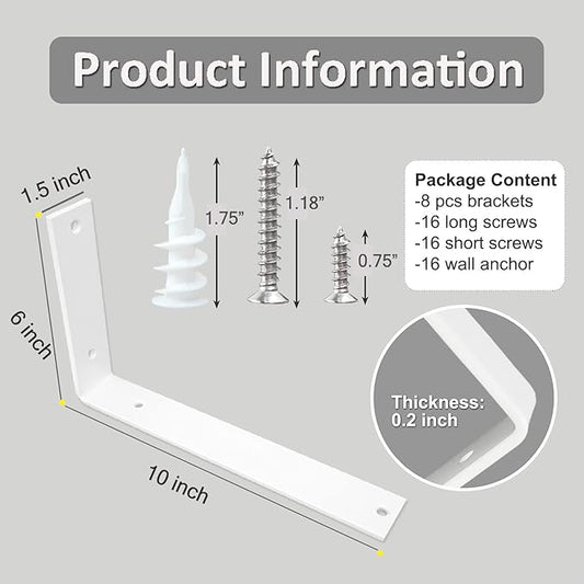 Shelf Brackets 10 Inch Wall L Brackets 8PCS Heavy Duty for Shelves Metal White Rustic Industrial Brackets for DIY Opening Shelves Project Hardware Included