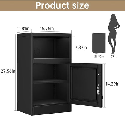 27" Metal Nightstand with Locked Doors, Small Sidetable with Storage Shelf, Storage Cabinet for Bedroom, Metal End Table for Home, Office Black
