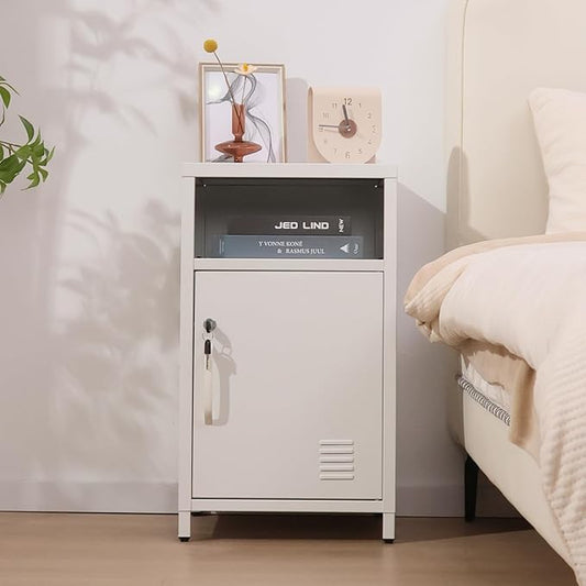 ALBAD Compact Metal Nightstand with Lockable Cabinet and Open Shelf, Modern Bedside Table, Versatile Side Table for Bedroom, Living Room, or Office (White, 26" H-Lockable Door)