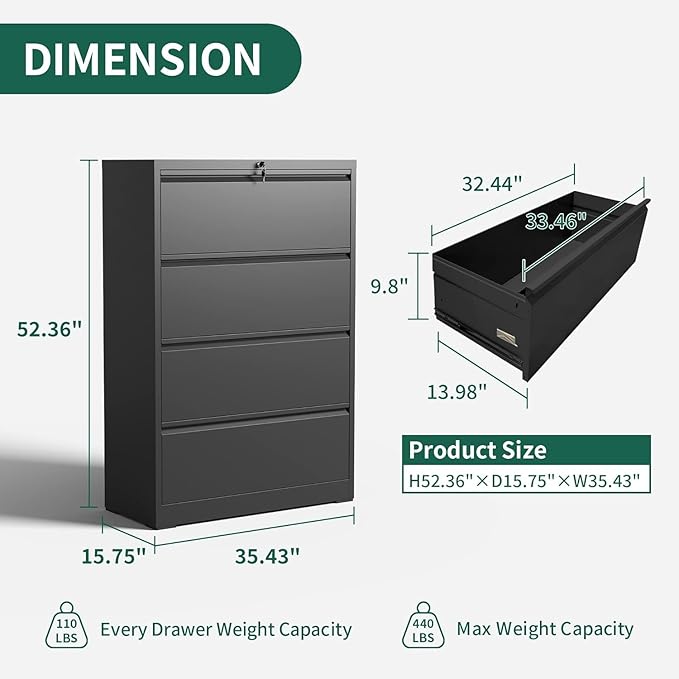 4 Drawer Lateral File Cabinet, Metal File Cabinets for Home Office with Lock, Large Filing Storage Cabinet Printer Stand, Steel Wide File Cabinet for Legal/A4/F4/Letter,Require Assembly, Black