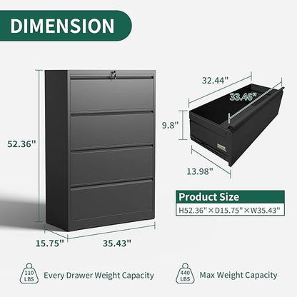 4 Drawer Lateral File Cabinet, Metal File Cabinets for Home Office with Lock, Large Filing Storage Cabinet Printer Stand, Steel Wide File Cabinet for Legal/A4/F4/Letter,Require Assembly, Black