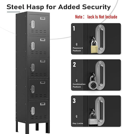 Metal Lockers - 66" Height Steel Lockers for Employees with 5 Door Storage Locker with Card Slot for Employees Gym School Home Office Garage - Assembly Required