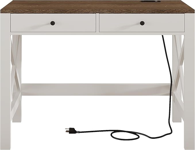 ChooChoo Computer Desk with USB Charging Ports and Power Outlets, Modern Simple 40 Inches Desk with Drawers, Makeup Vanity Console Table, Soft White