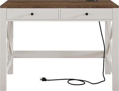 ChooChoo Computer Desk with USB Charging Ports and Power Outlets, Modern Simple 40 Inches Desk with Drawers, Makeup Vanity Console Table, Soft White